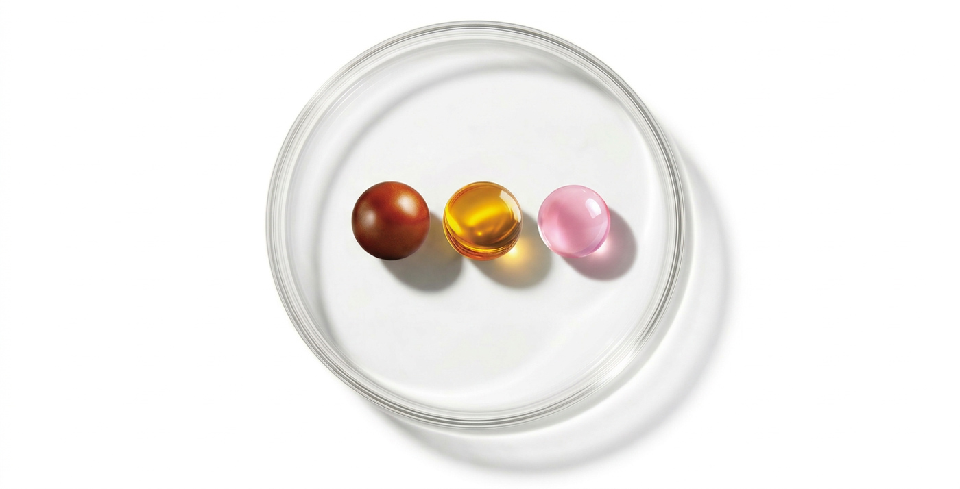 Drei SphiroX®-Kugeln in einer Petrischale: Solid, Liquid und Instant